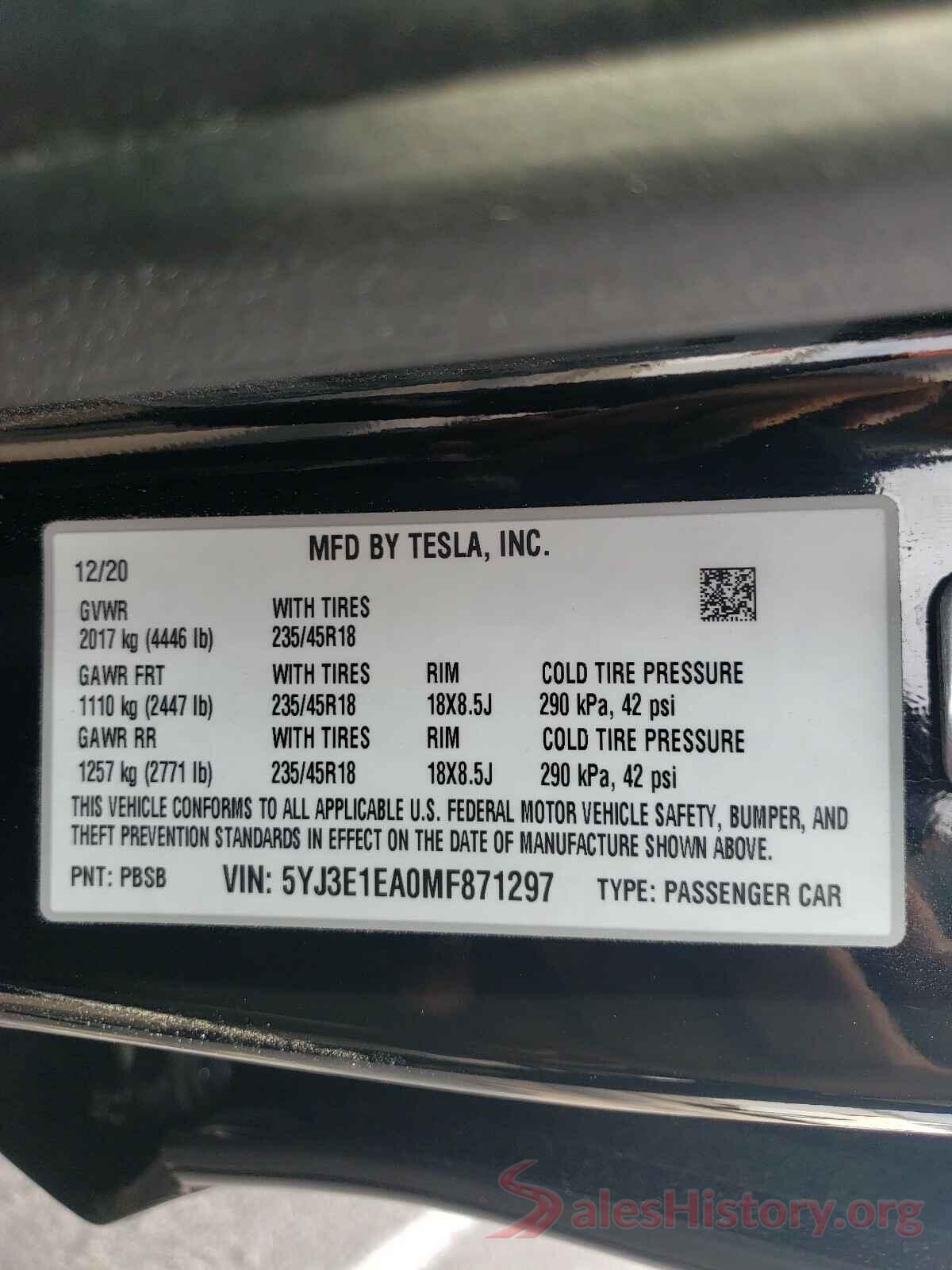 5YJ3E1EA0MF871297 2021 TESLA MODEL 3