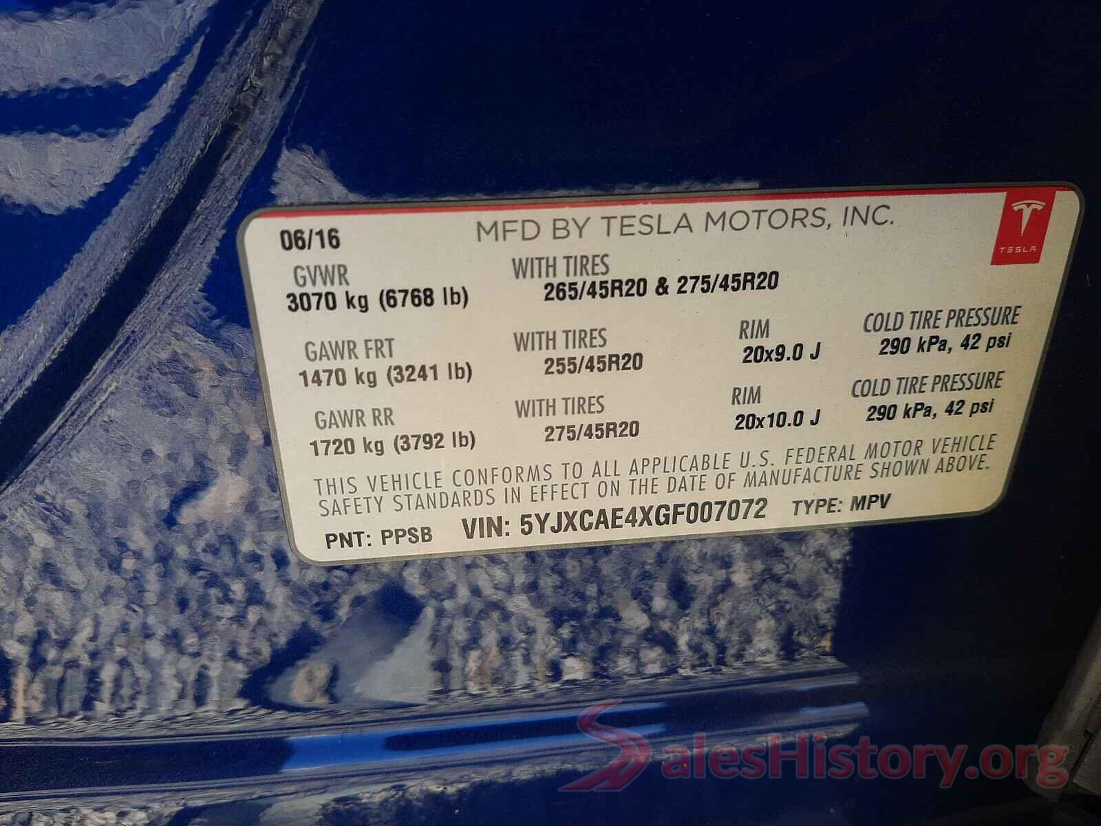 5YJXCAE4XGF007072 2016 TESLA MODEL X