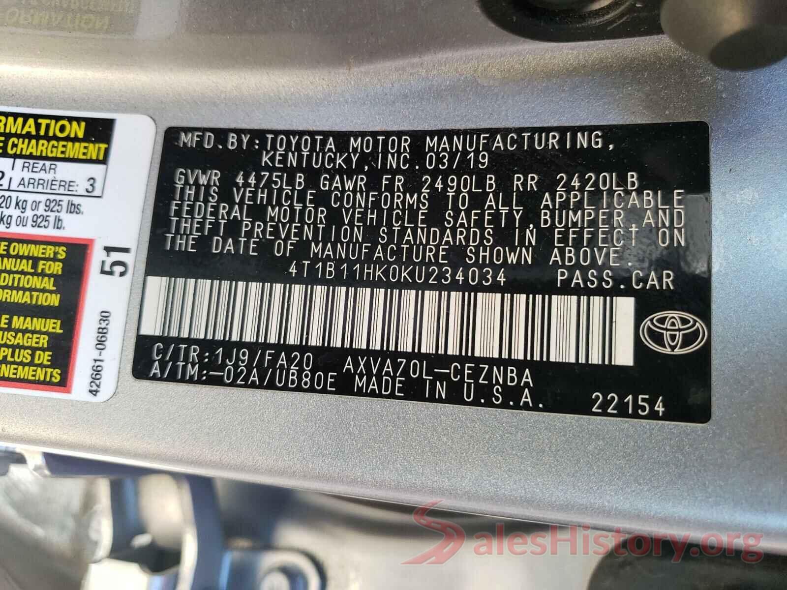 4T1B11HK0KU234034 2019 TOYOTA CAMRY