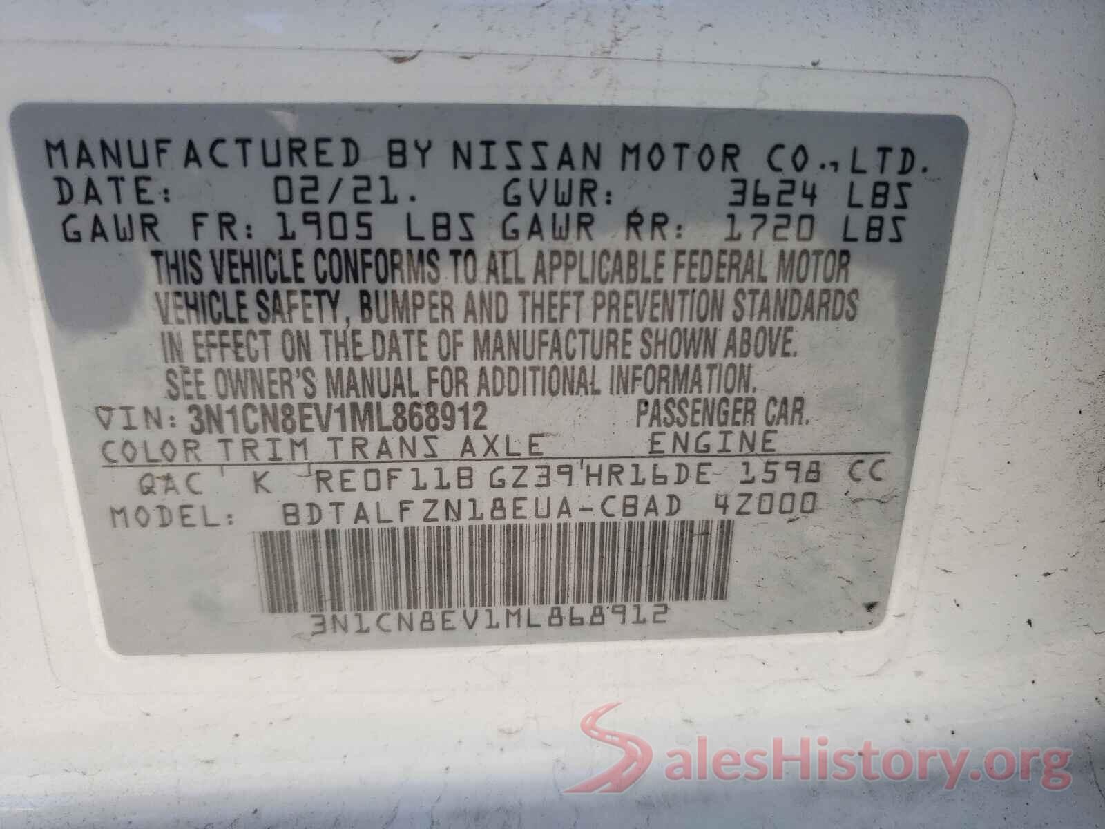 3N1CN8EV1ML868912 2021 NISSAN VERSA