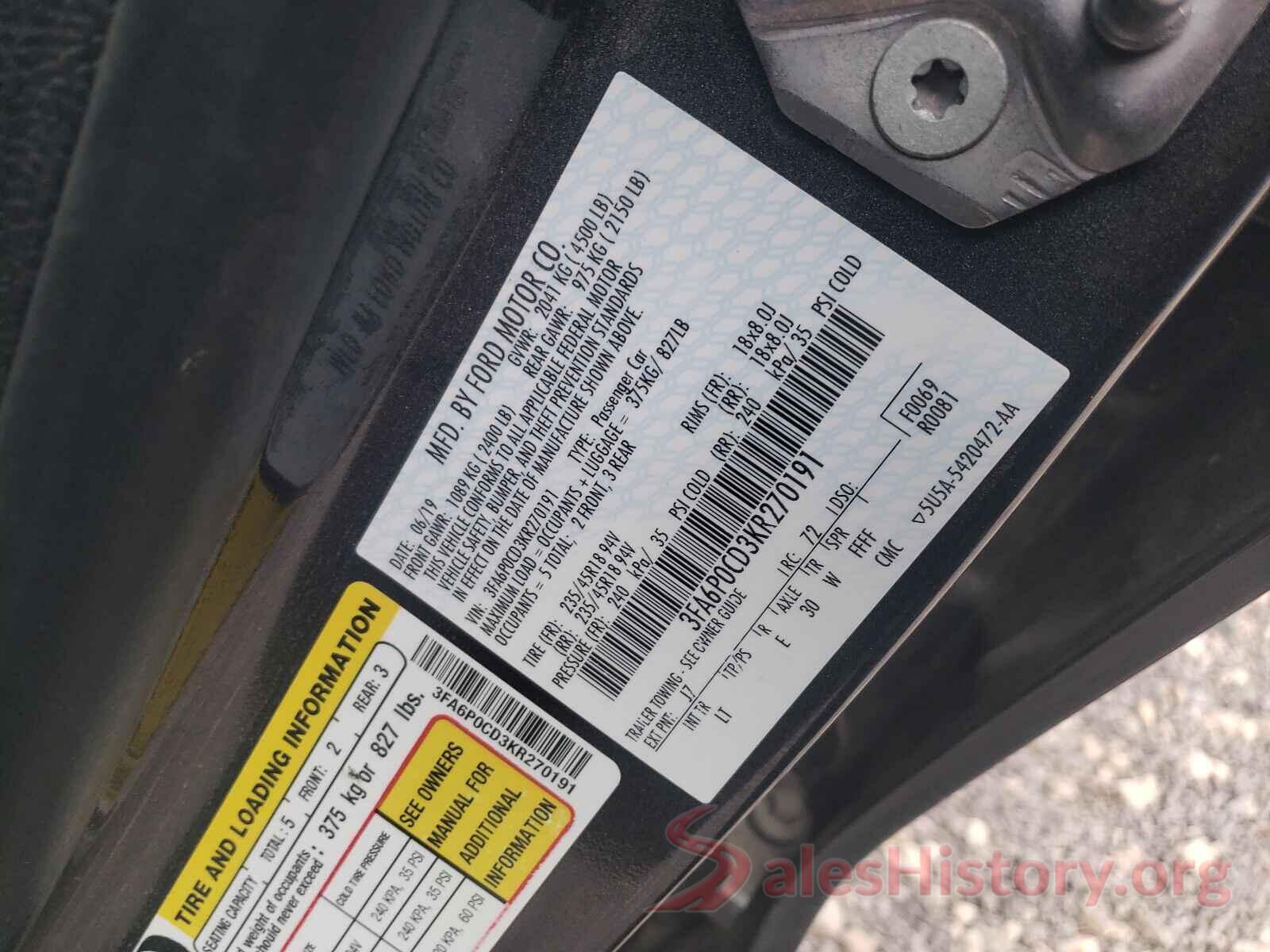 3FA6P0CD3KR270191 2019 FORD FUSION