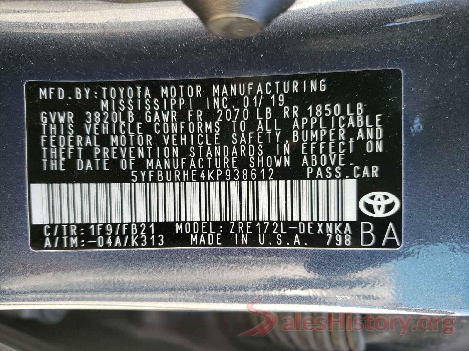 5YFBURHE4KP938612 2019 TOYOTA COROLLA