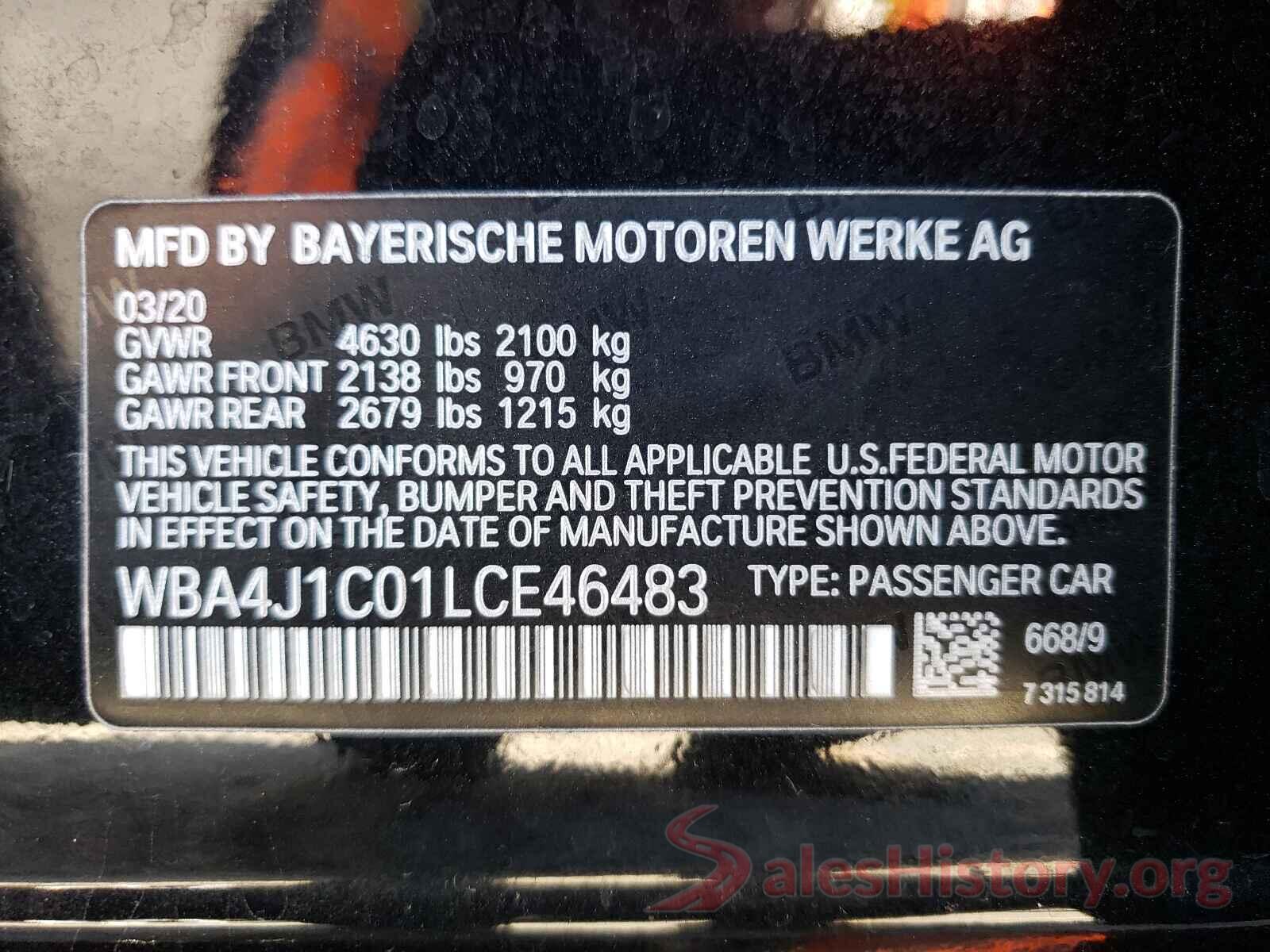 WBA4J1C01LCE46483 2020 BMW 4 SERIES