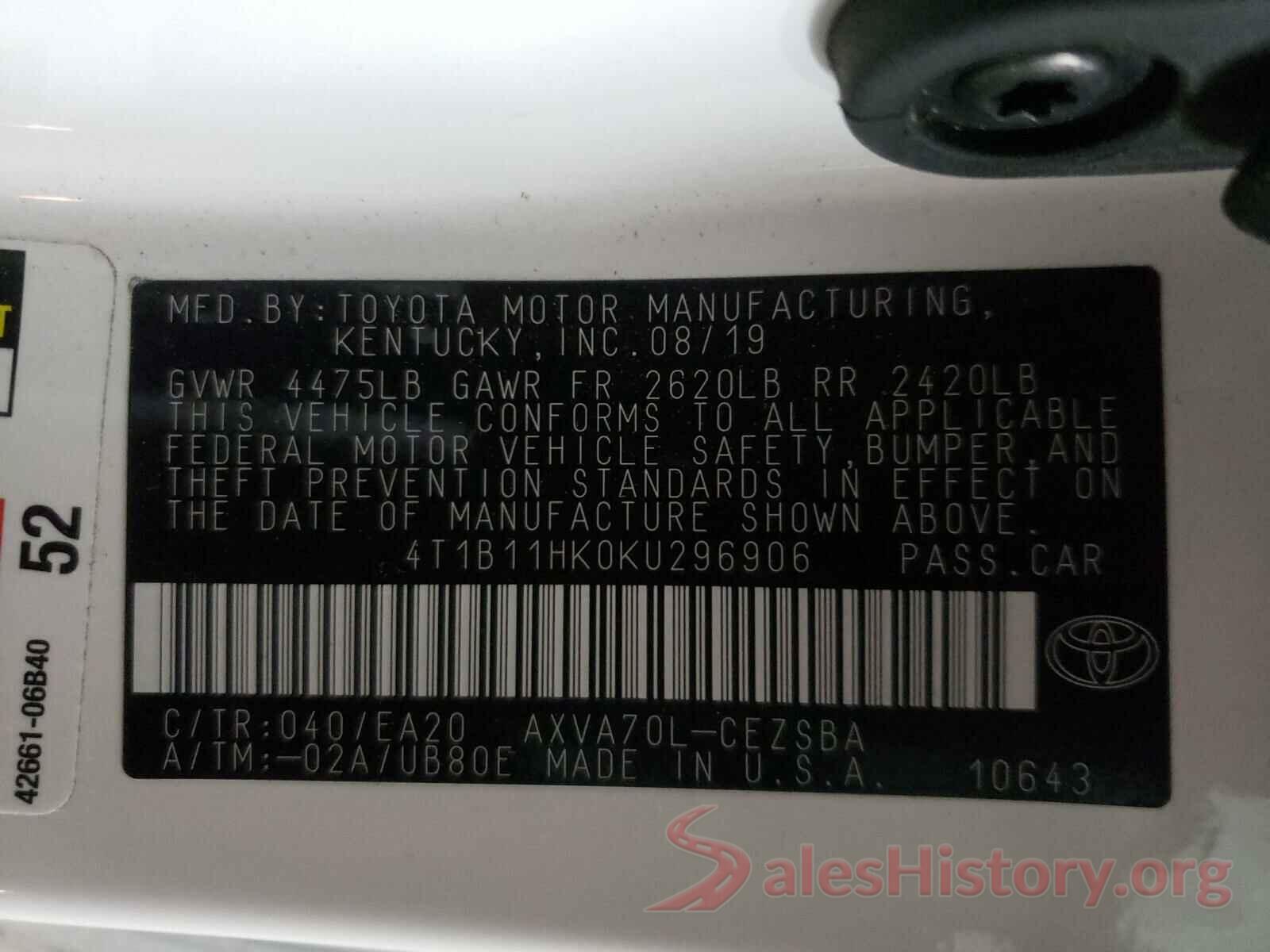 4T1B11HK0KU296906 2019 TOYOTA CAMRY