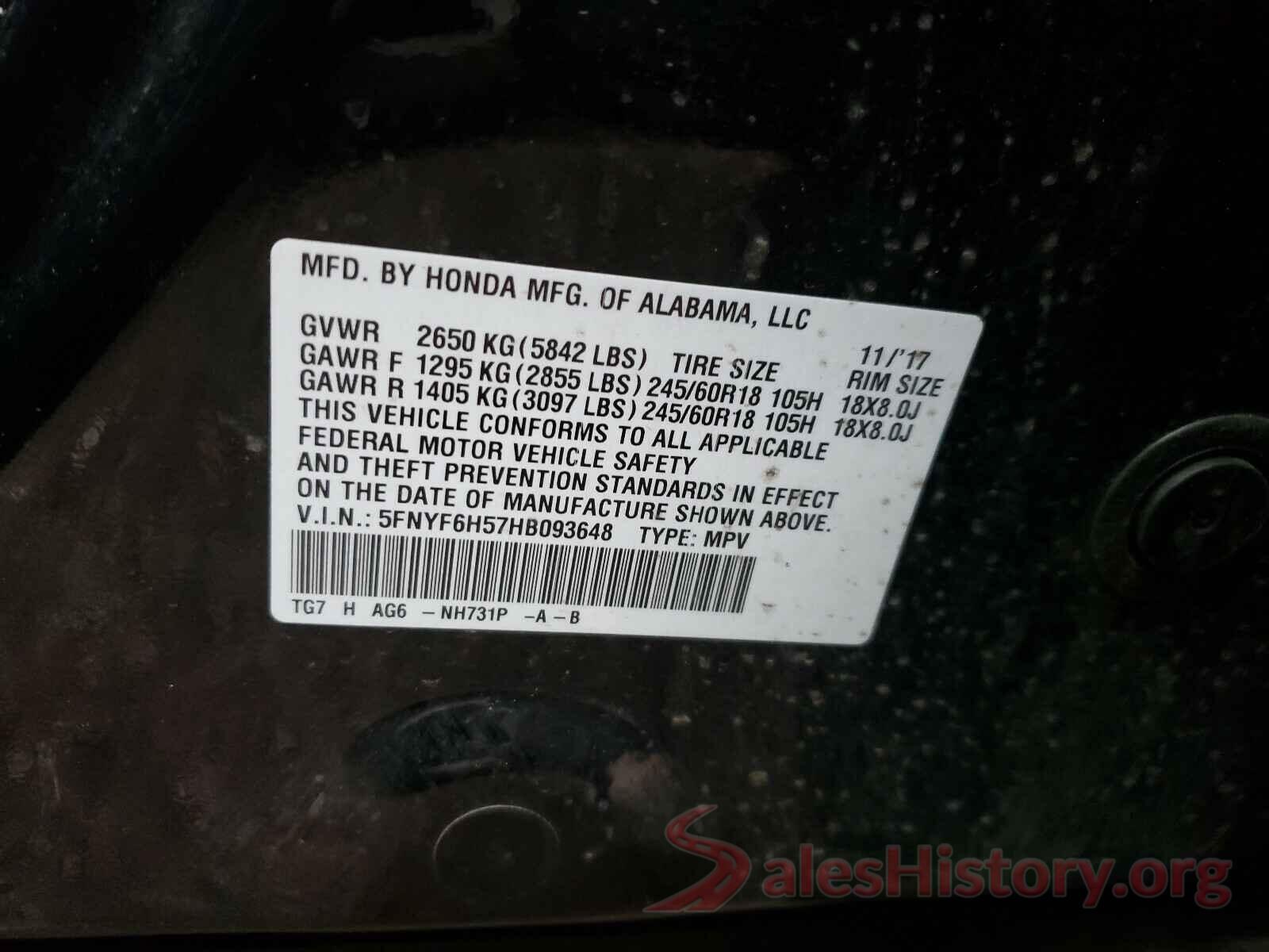 5FNYF6H57HB093648 2017 HONDA PILOT