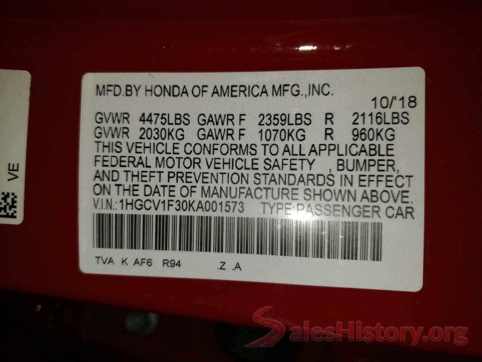 1HGCV1F30KA001573 2019 HONDA ACCORD