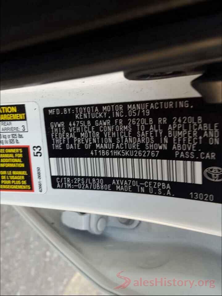 4T1B61HK5KU262767 2019 TOYOTA CAMRY