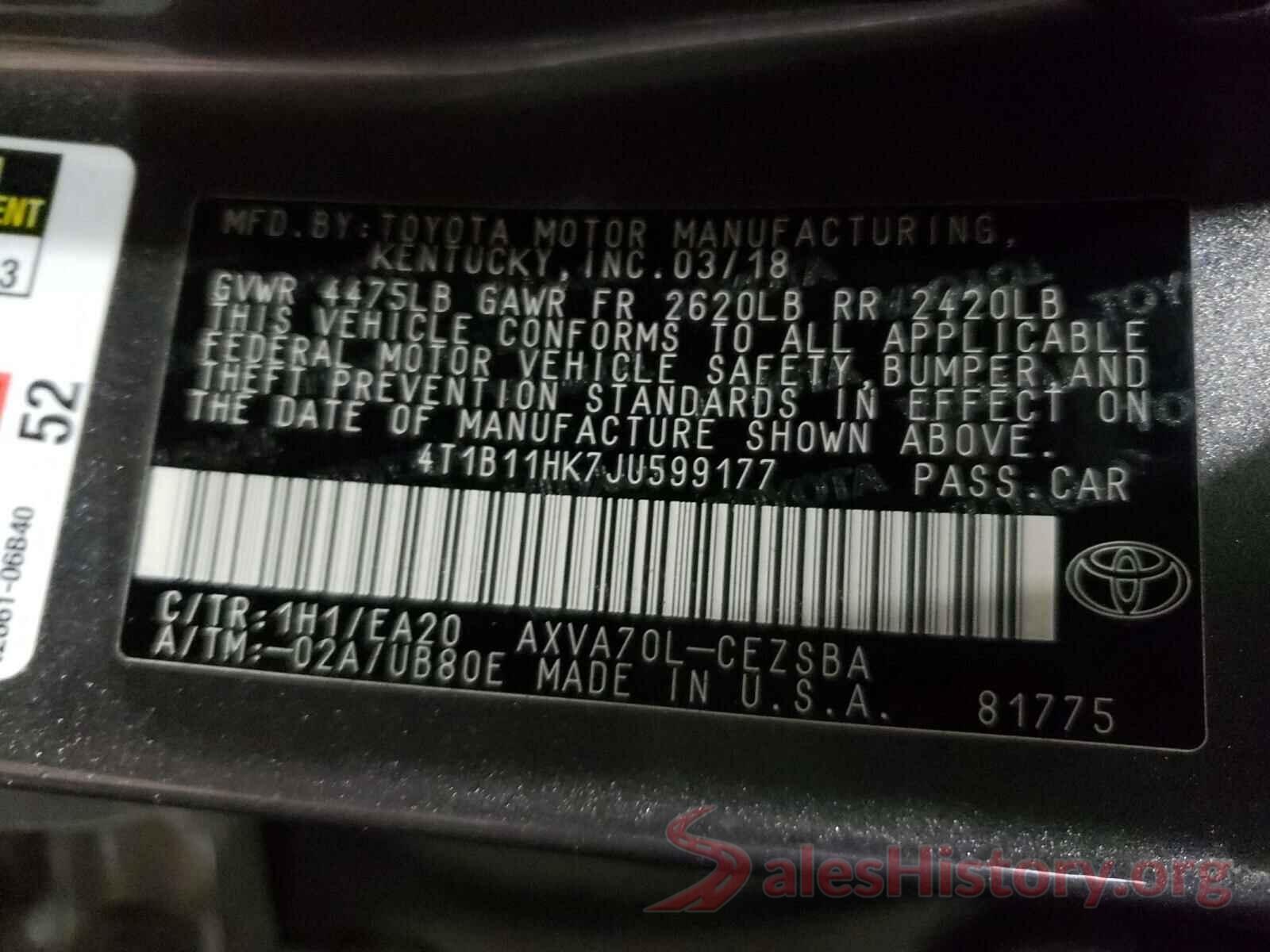 4T1B11HK7JU599177 2018 TOYOTA CAMRY