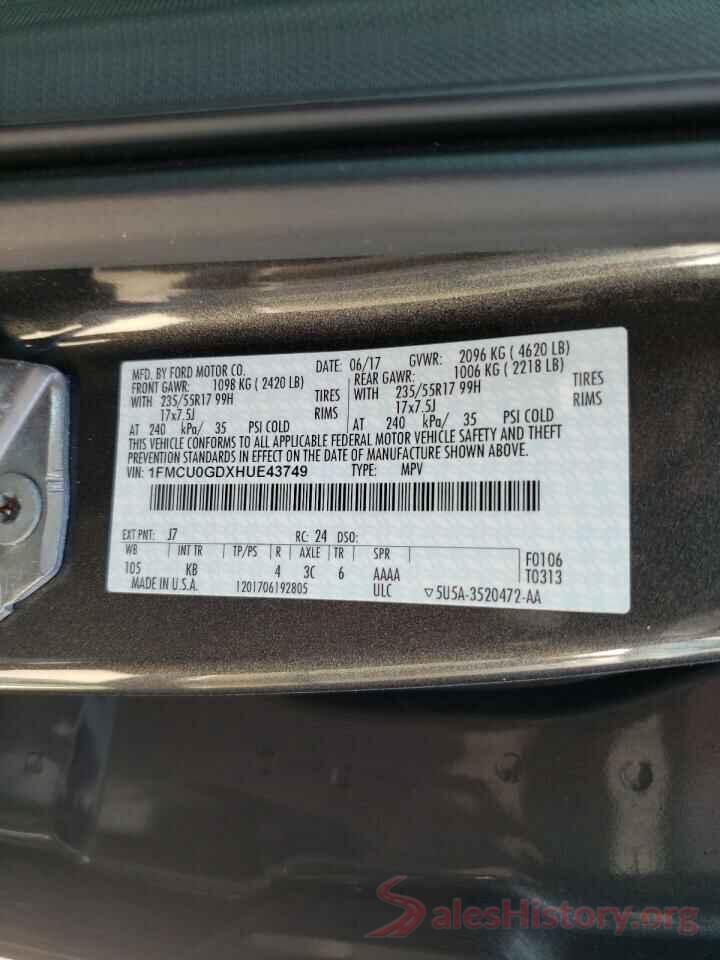 1FMCU0GDXHUE43749 2017 FORD ESCAPE