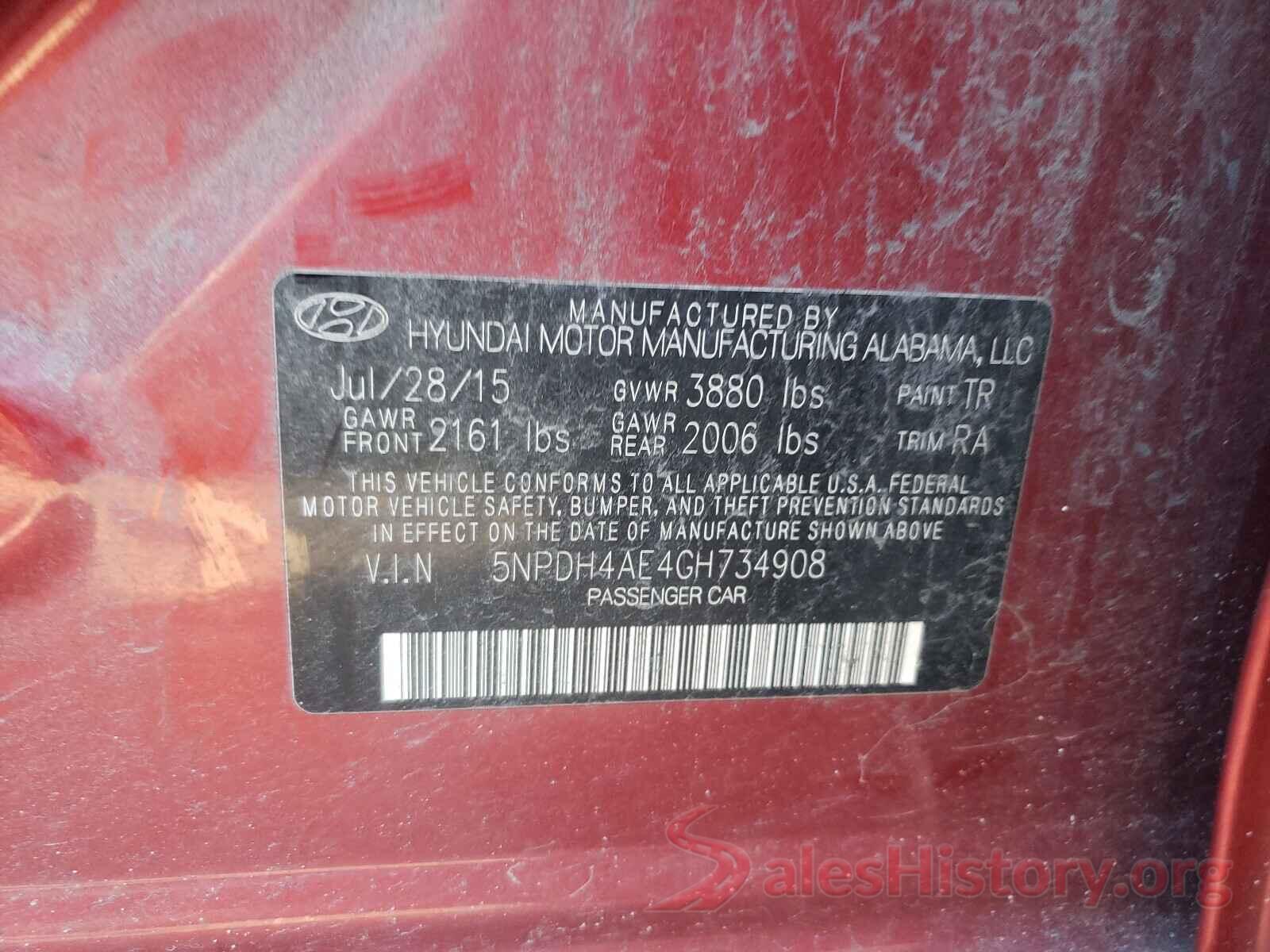 5NPDH4AE4GH734908 2016 HYUNDAI ELANTRA