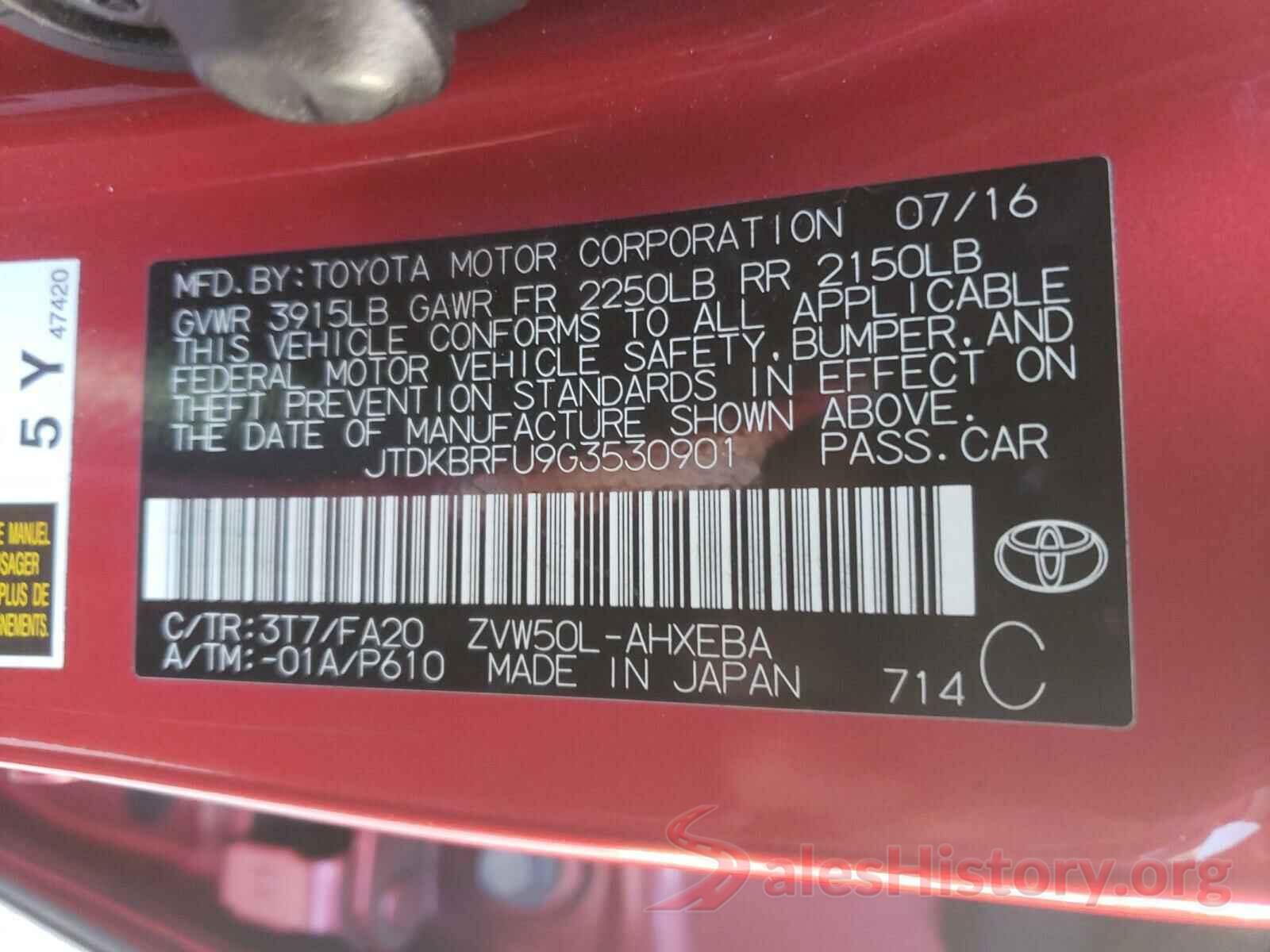 JTDKBRFU9G3530901 2016 TOYOTA PRIUS