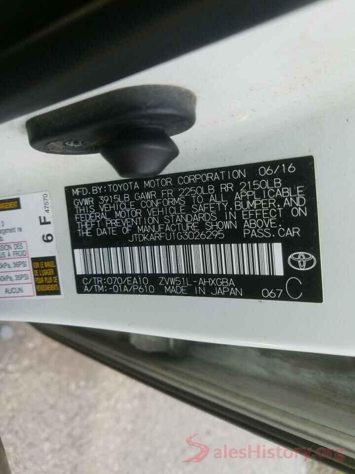 JTDKARFU1G3026295 2016 TOYOTA PRIUS