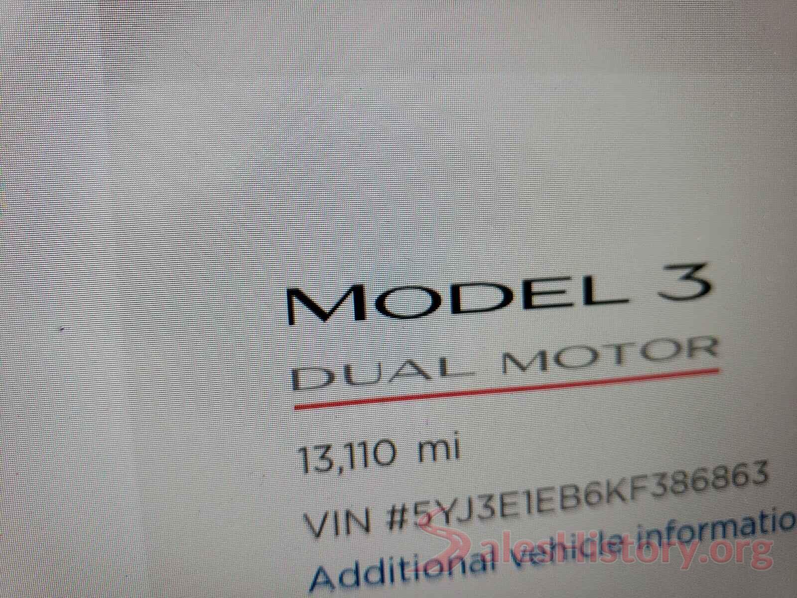 5YJ3E1EB6KF386863 2019 TESLA MODEL 3