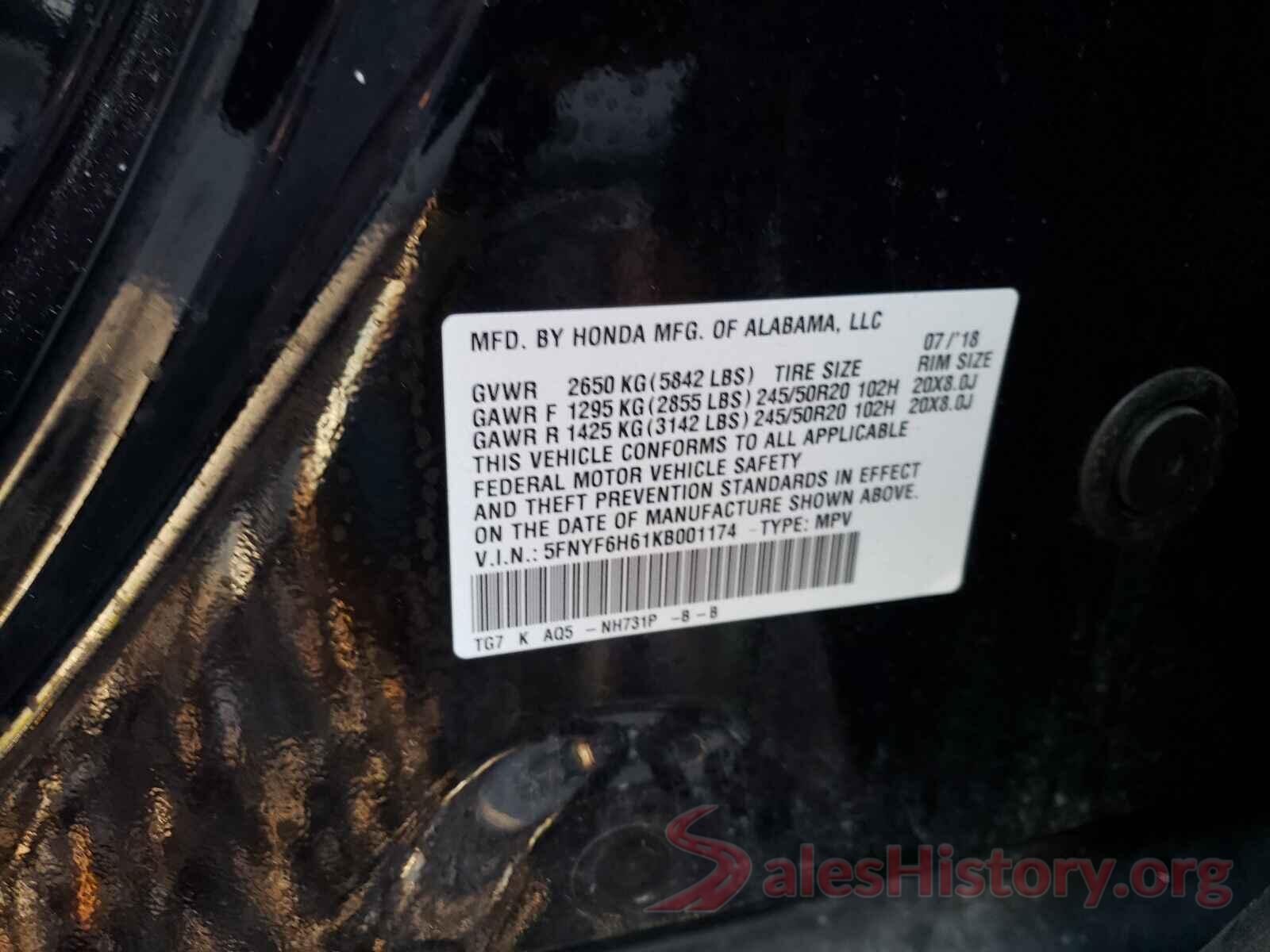 5FNYF6H61KB001174 2019 HONDA PILOT