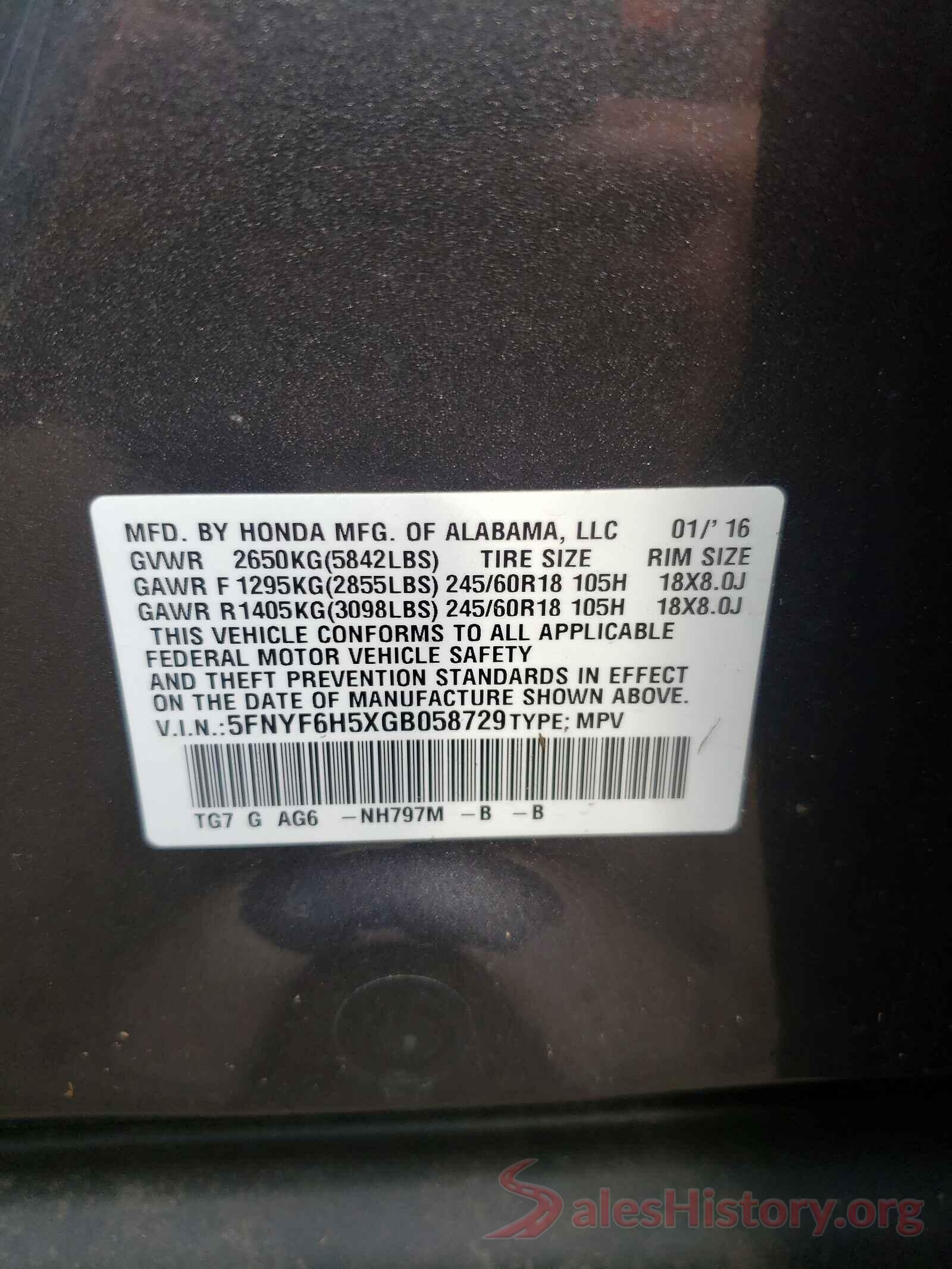 5FNYF6H5XGB058729 2016 HONDA PILOT