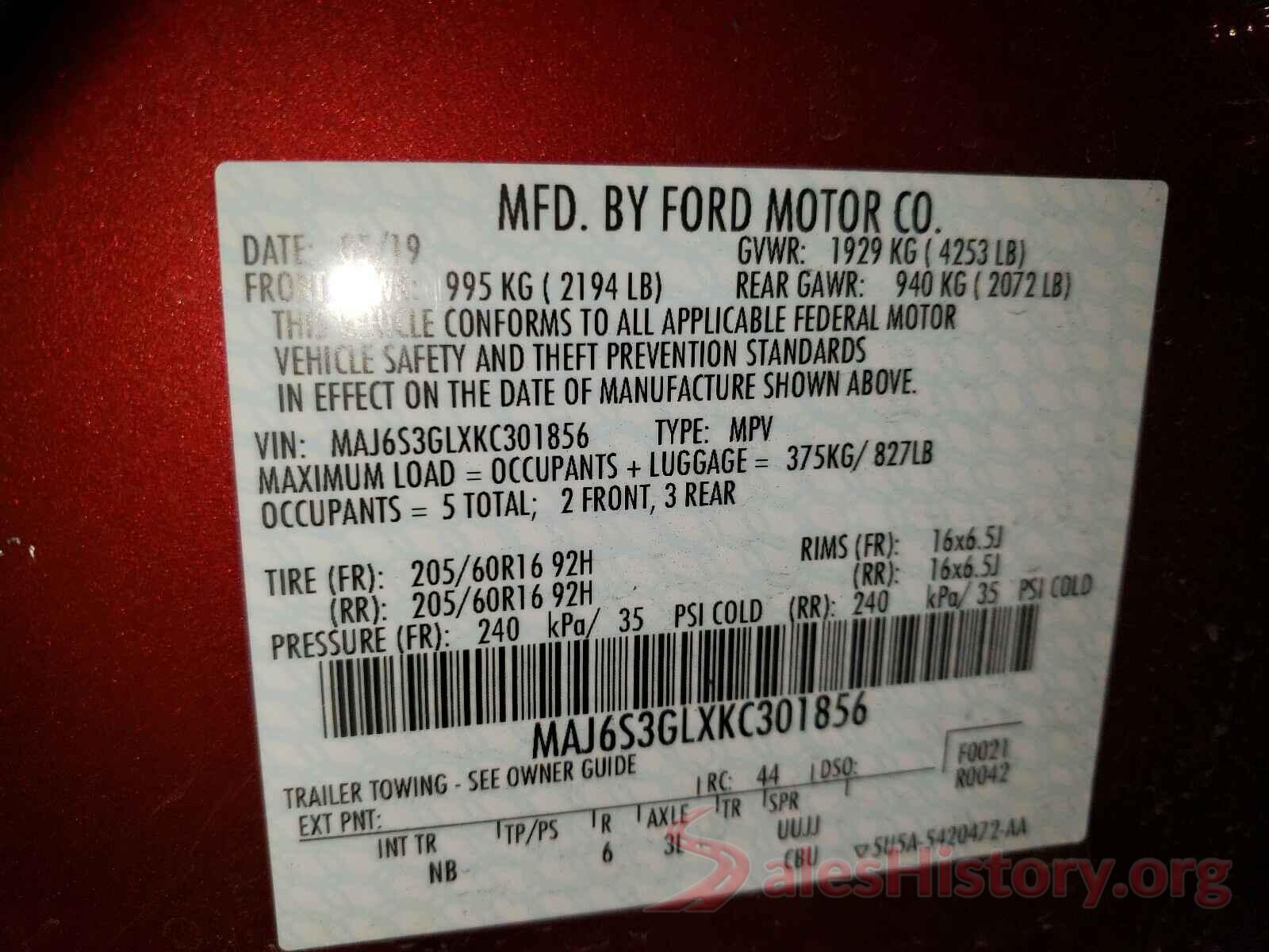 MAJ6S3GLXKC301856 2019 FORD ALL OTHER