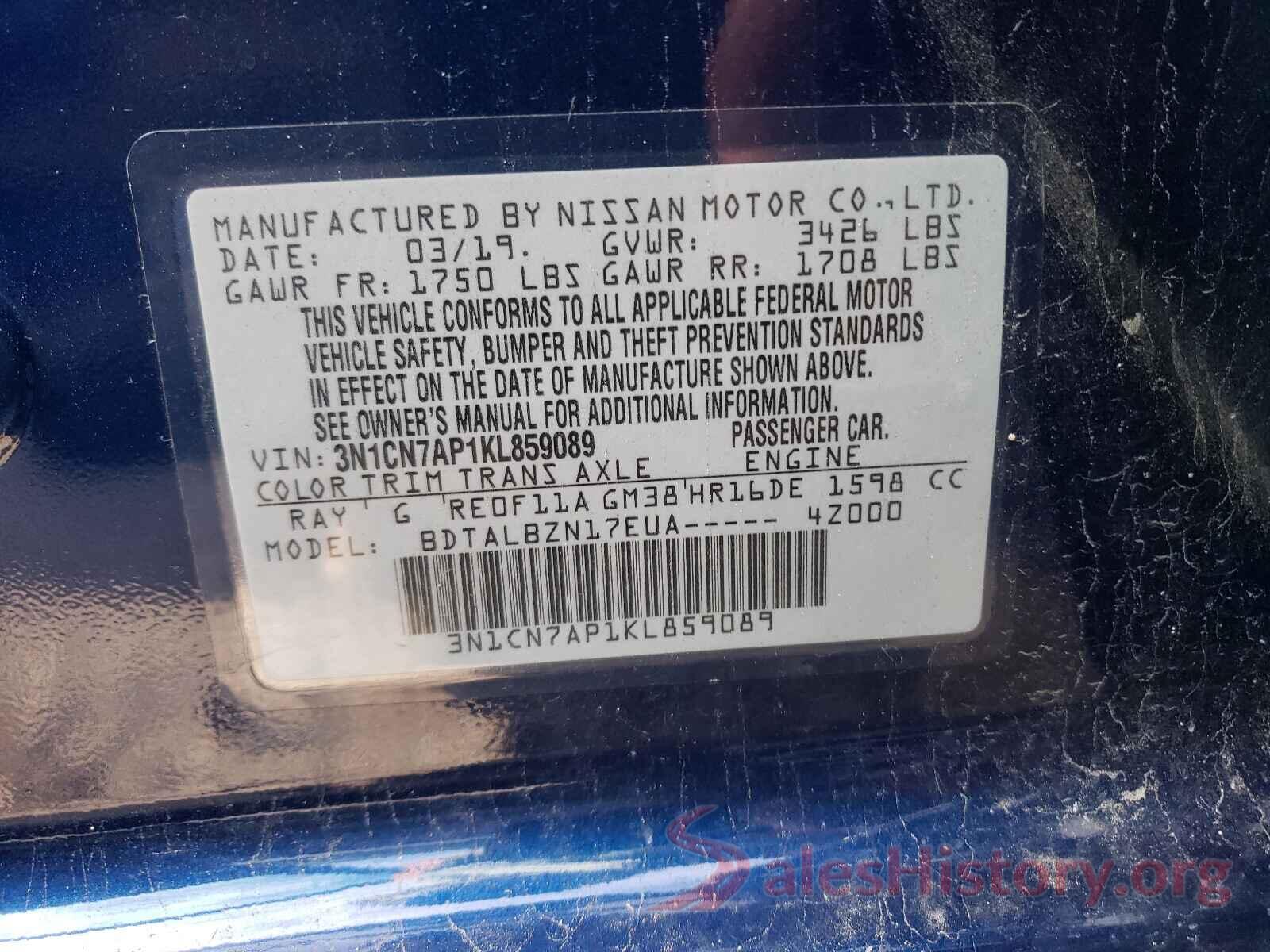 3N1CN7AP1KL859089 2019 NISSAN VERSA