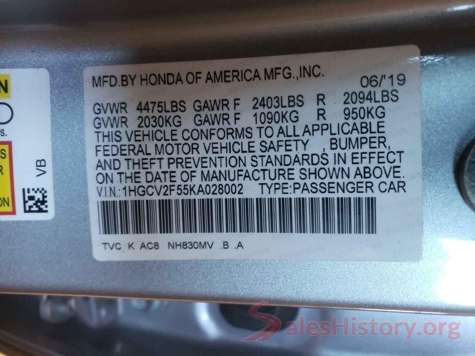 1HGCV2F55KA028002 2019 HONDA ACCORD