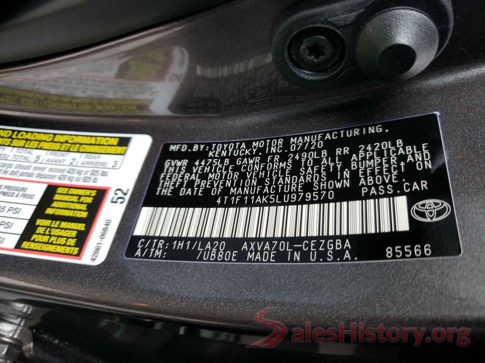 4T1F11AK5LU979570 2020 TOYOTA CAMRY