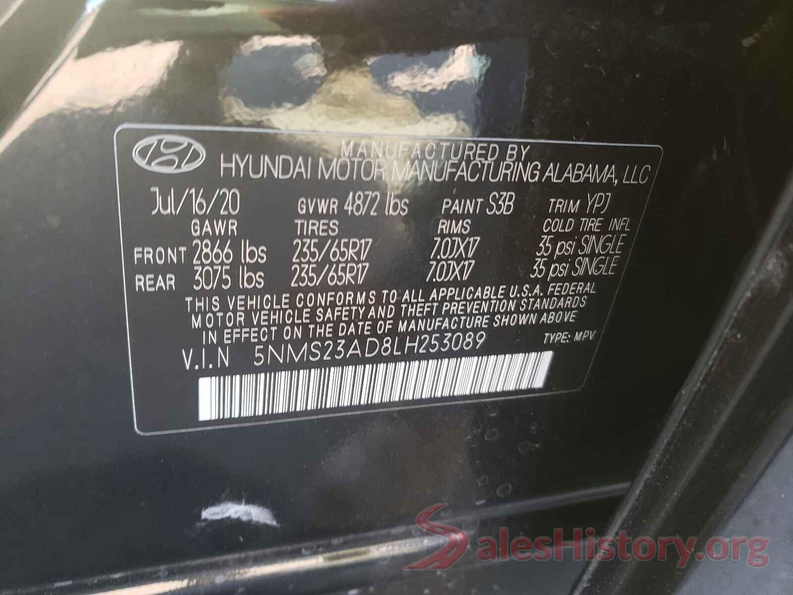 5NMS23AD8LH253089 2020 HYUNDAI SANTA FE