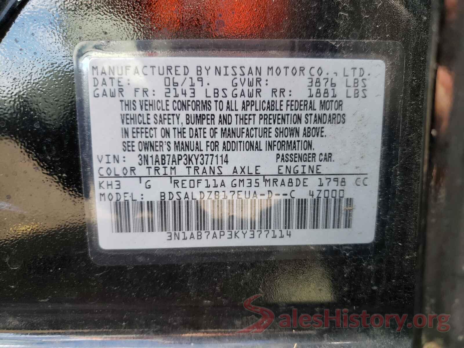 3N1AB7AP3KY377114 2019 NISSAN SENTRA