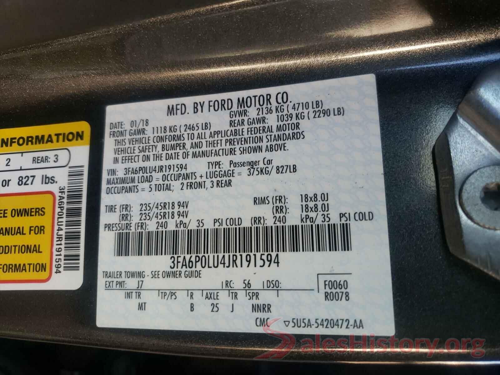 3FA6P0LU4JR191594 2018 FORD FUSION