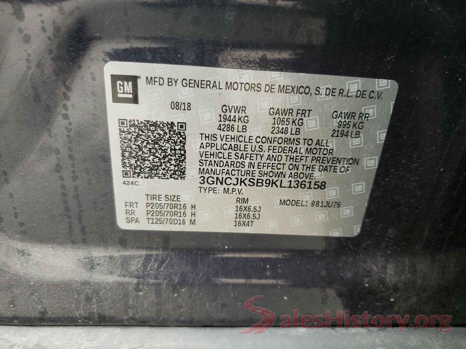 3GNCJKSB9KL136158 2019 CHEVROLET TRAX