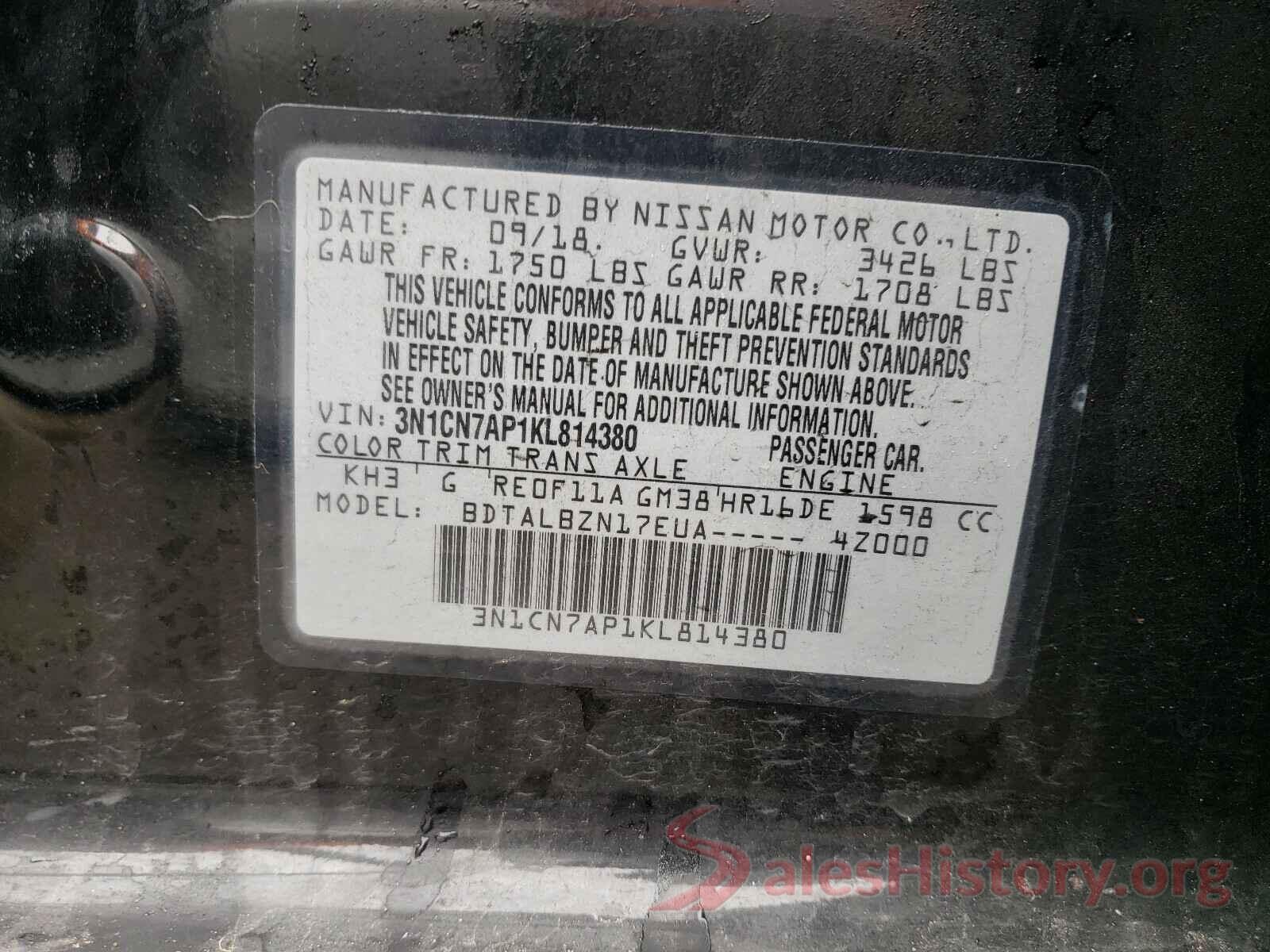 3N1CN7AP1KL814380 2019 NISSAN VERSA