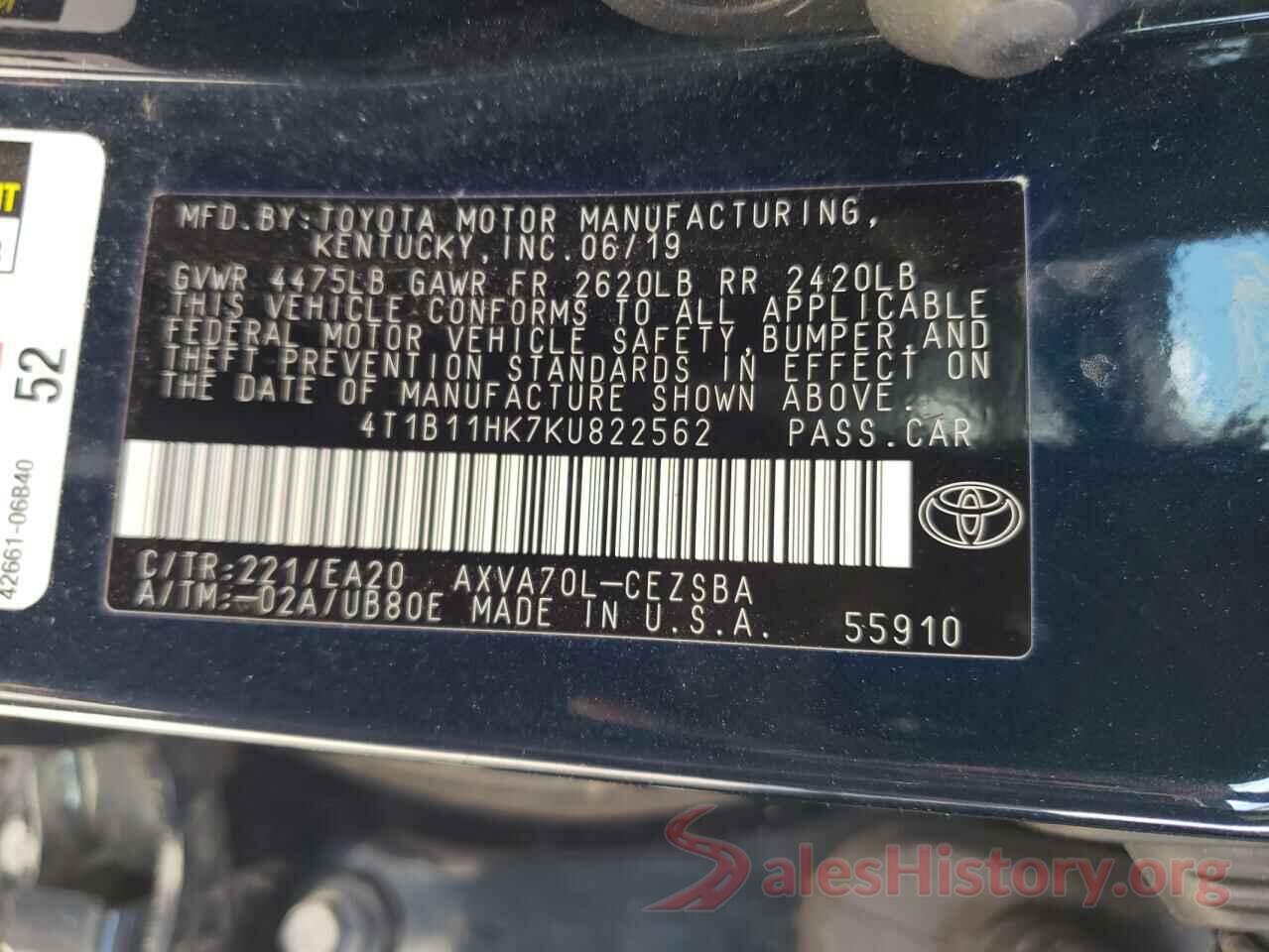 4T1B11HK7KU822562 2019 TOYOTA CAMRY