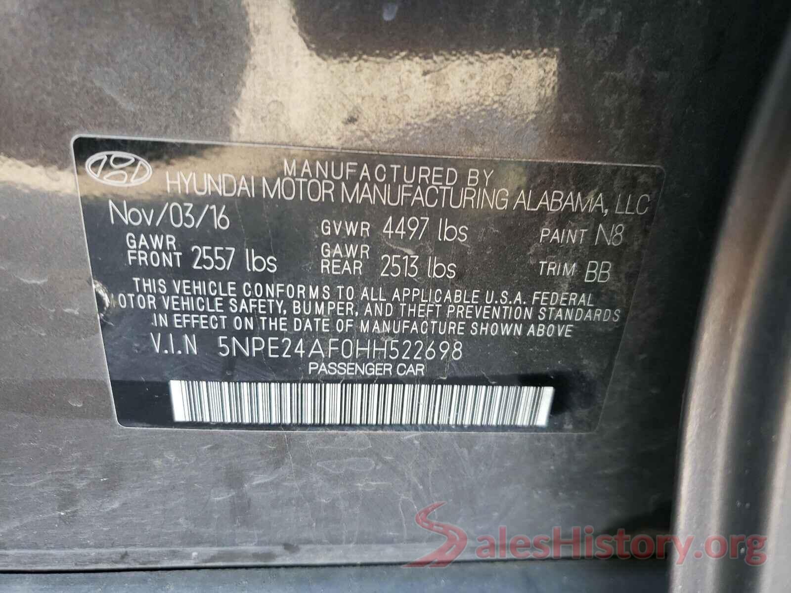 5NPE24AF0HH522698 2017 HYUNDAI SONATA