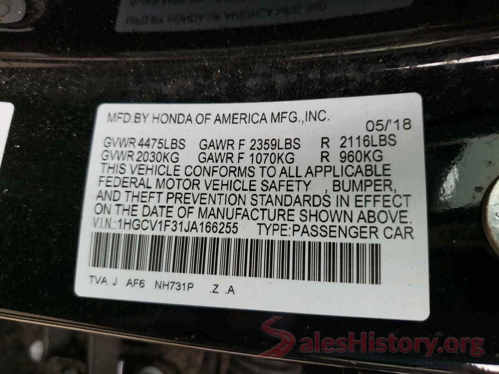 1HGCV1F31JA166255 2018 HONDA ACCORD