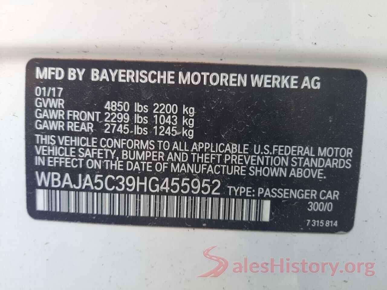 WBAJA5C39HG455952 2017 BMW 5 SERIES