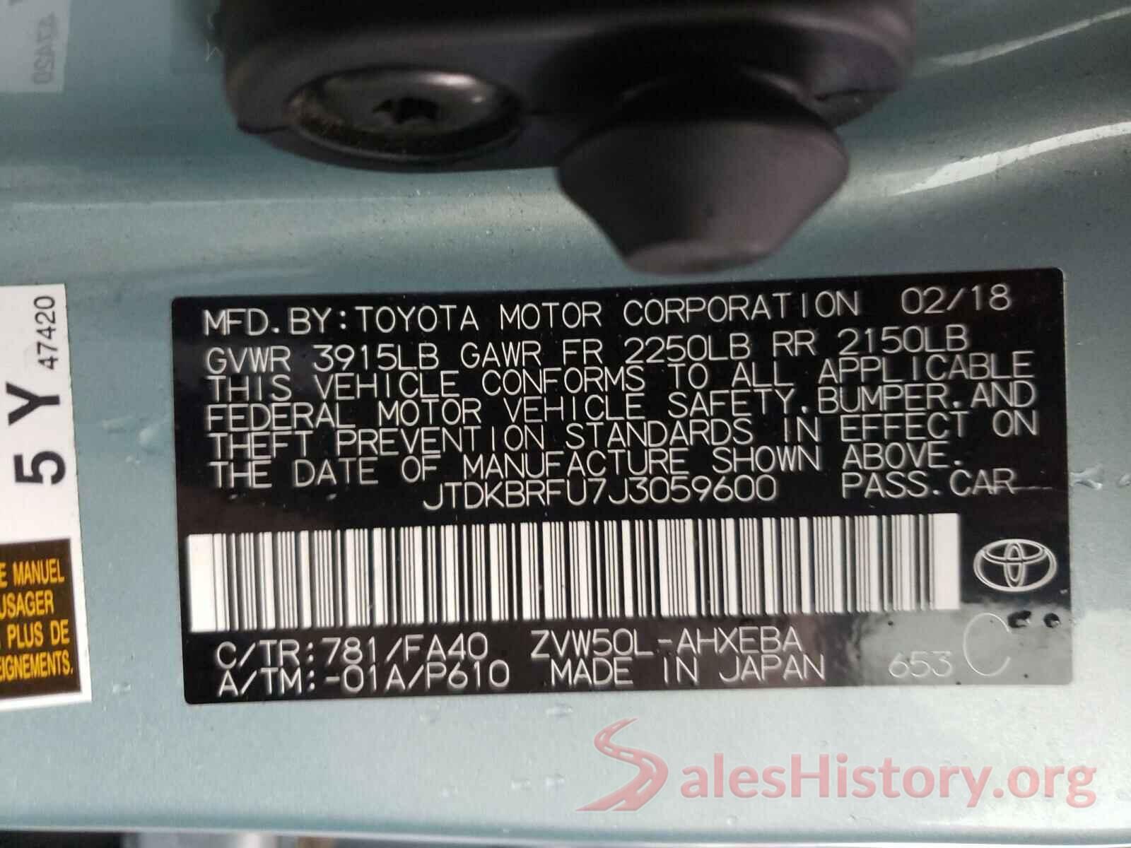 JTDKBRFU7J3059600 2018 TOYOTA PRIUS