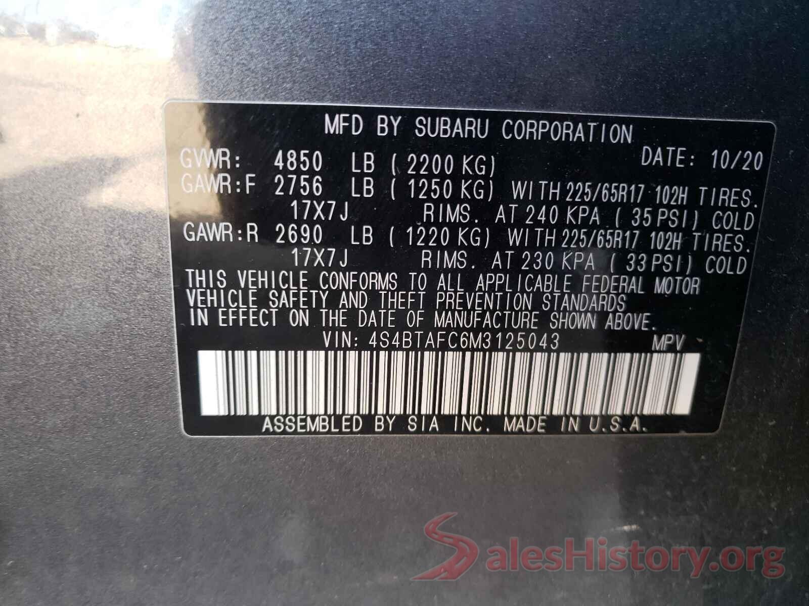 4S4BTAFC6M3125043 2021 SUBARU OUTBACK