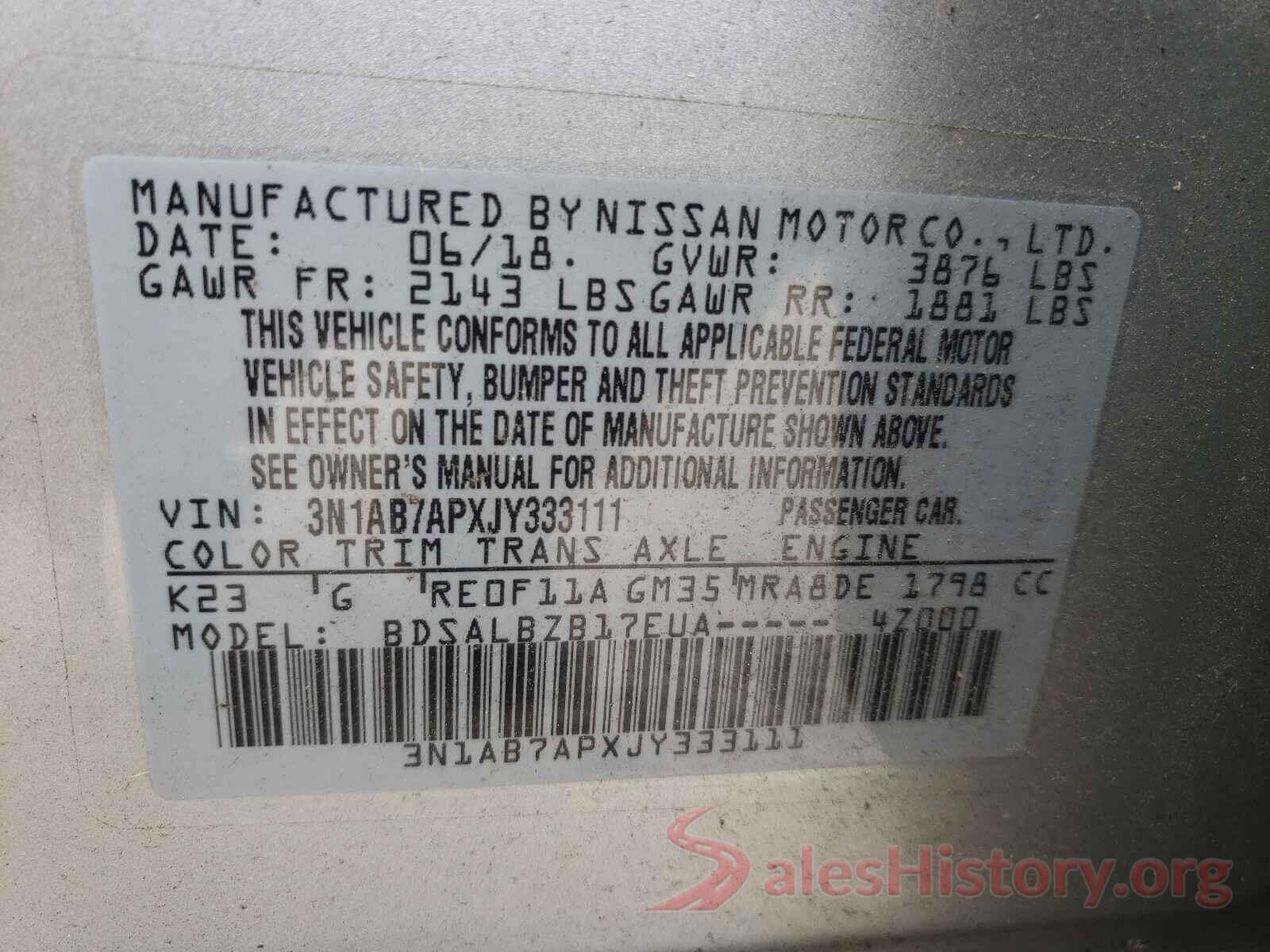 3N1AB7APXJY333111 2018 NISSAN SENTRA