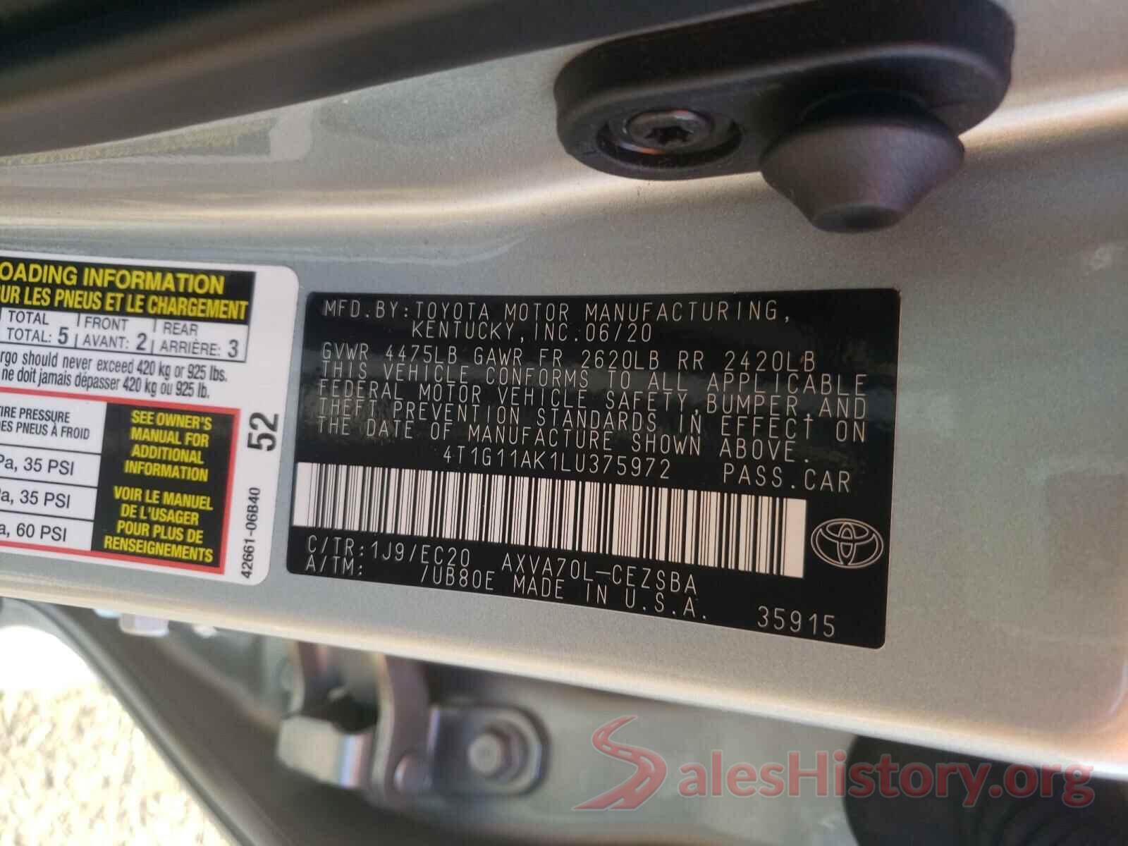 4T1G11AK1LU375972 2020 TOYOTA CAMRY