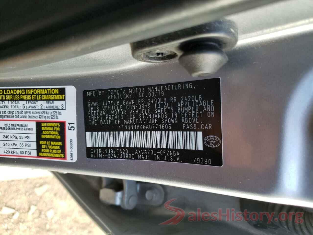 4T1B11HK6KU771605 2019 TOYOTA CAMRY