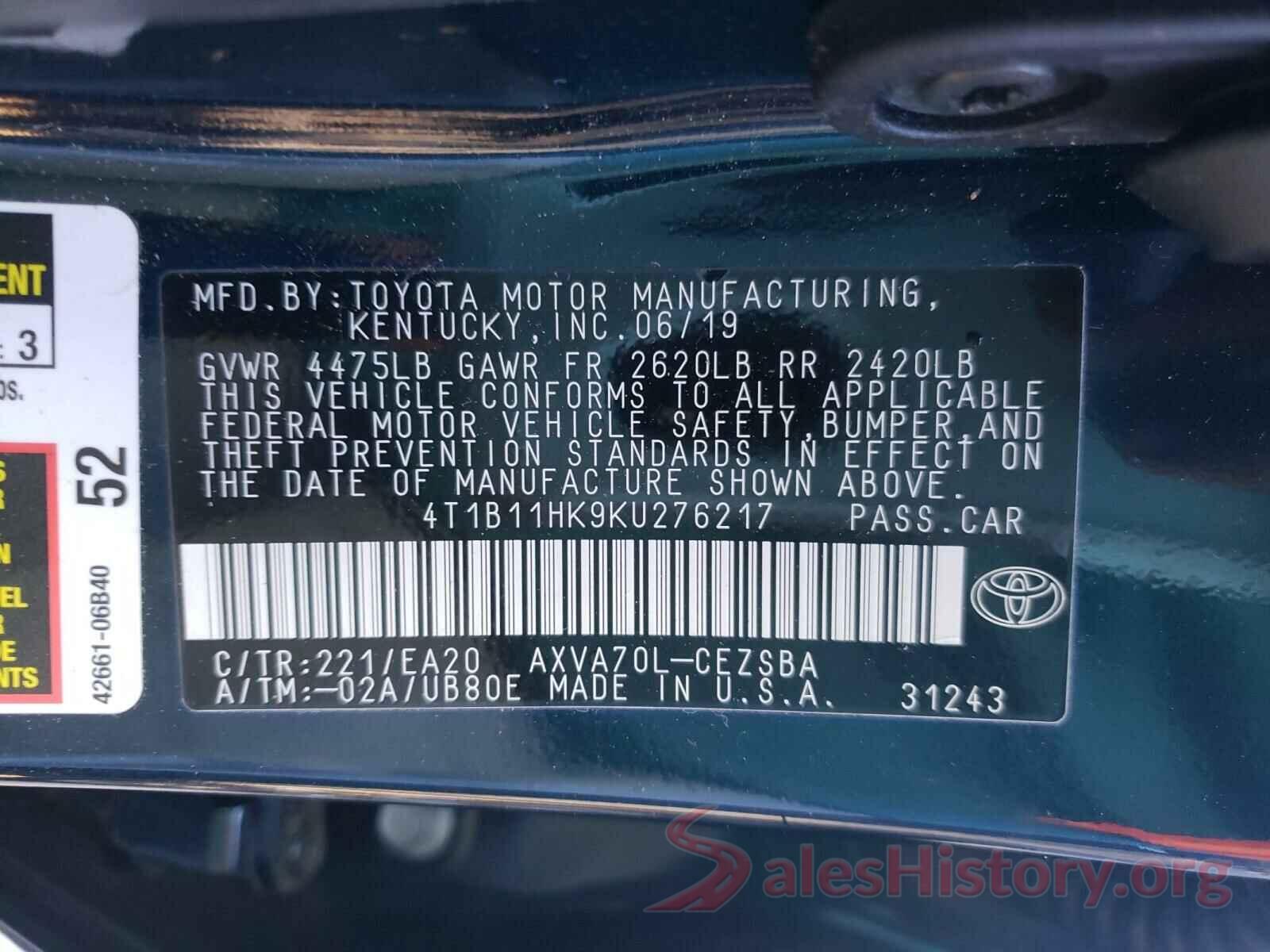 4T1B11HK9KU276217 2019 TOYOTA CAMRY