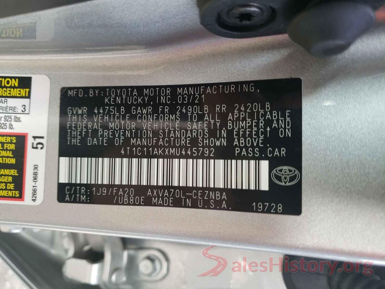 4T1C11AKXMU445792 2021 TOYOTA CAMRY