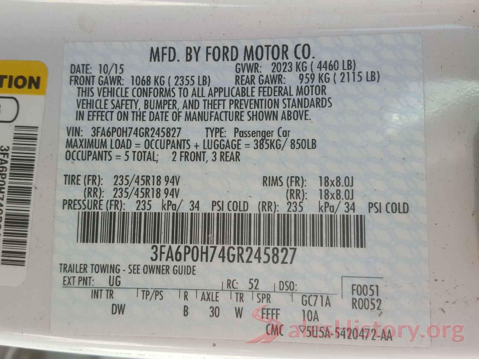 3FA6P0H74GR245827 2016 FORD FUSION