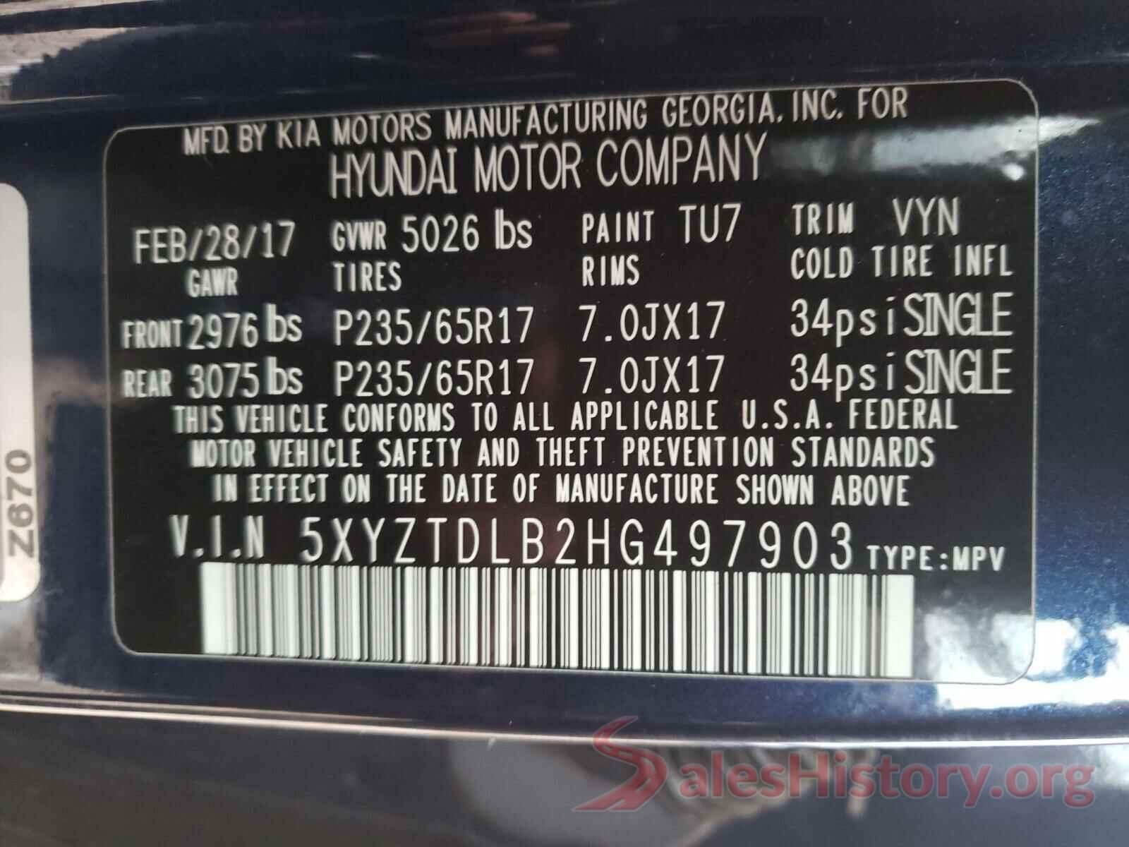 5XYZTDLB2HG497903 2017 HYUNDAI SANTA FE