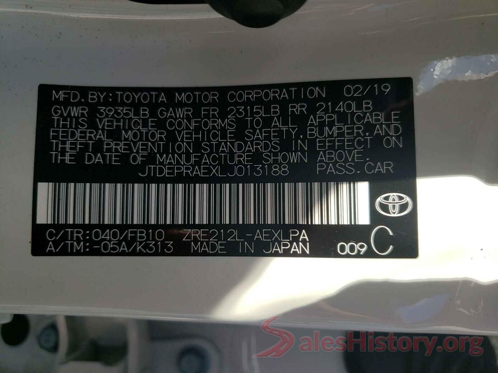 JTDEPRAEXLJ013188 2020 TOYOTA COROLLA