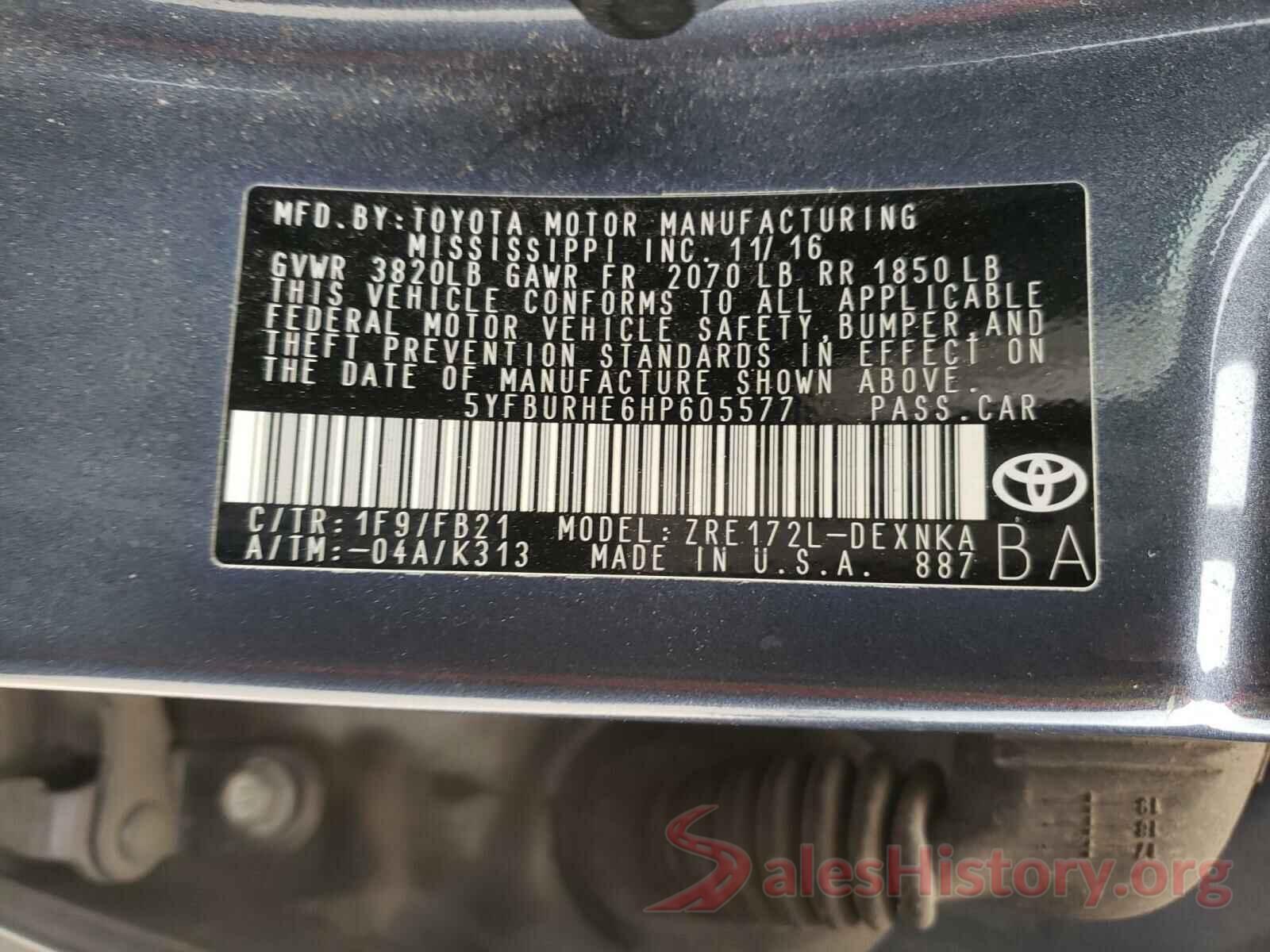 5YFBURHE6HP605577 2017 TOYOTA COROLLA