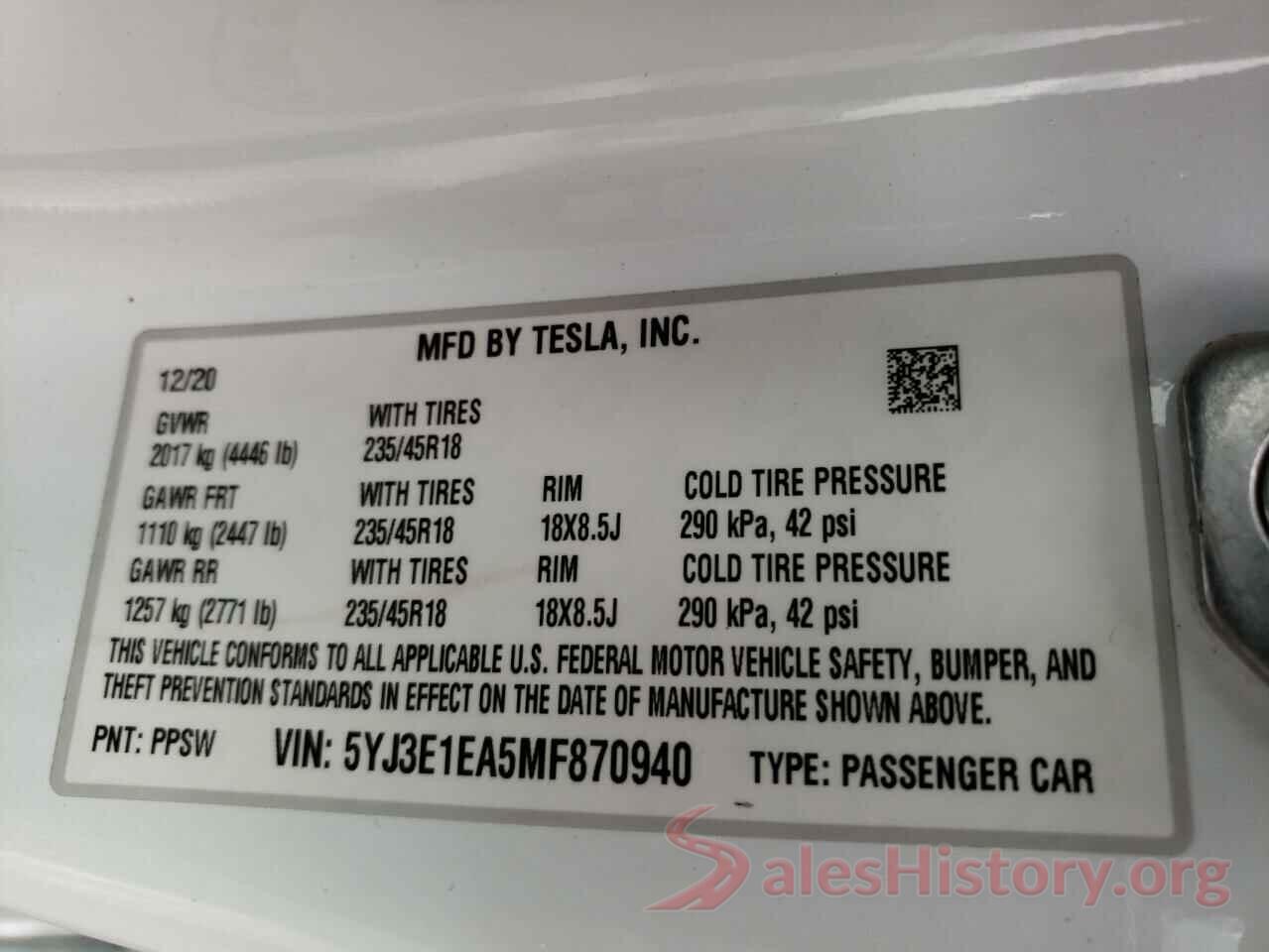 5YJ3E1EA5MF870940 2021 TESLA MODEL 3