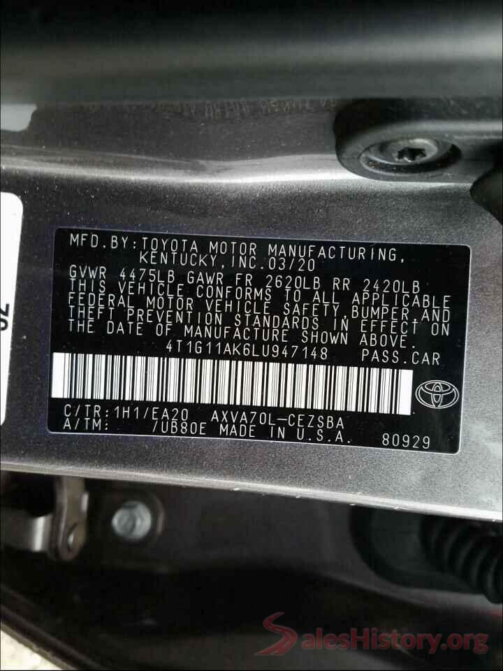 4T1G11AK6LU947148 2020 TOYOTA CAMRY