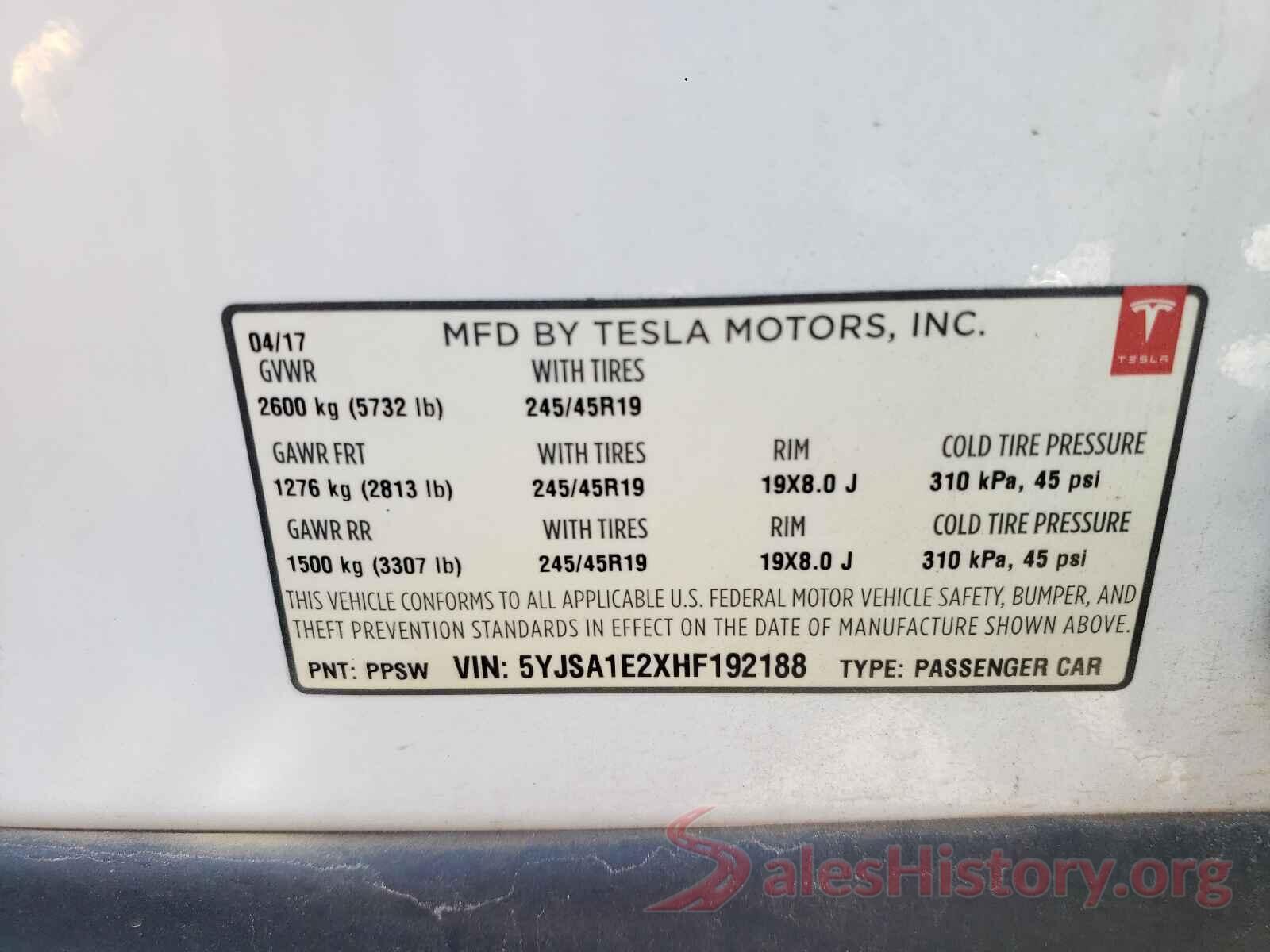 5YJSA1E2XHF192188 2017 TESLA MODEL S