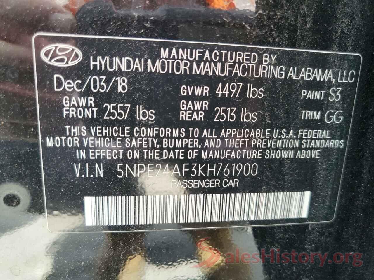 5NPE24AF3KH761900 2019 HYUNDAI SONATA