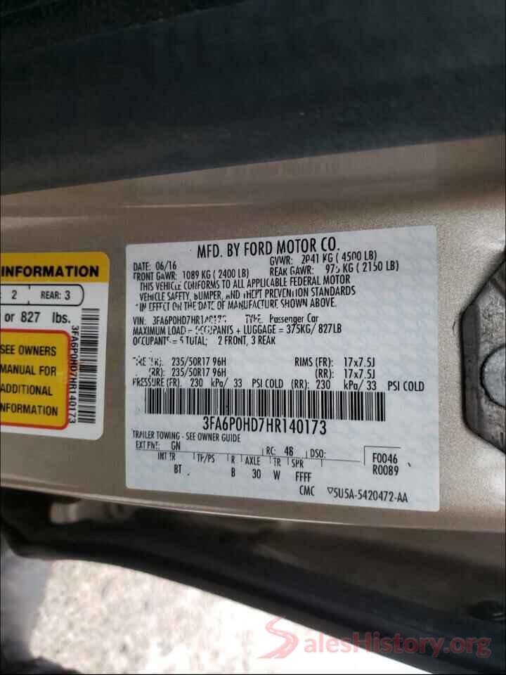 3FA6P0HD7HR140173 2017 FORD FUSION