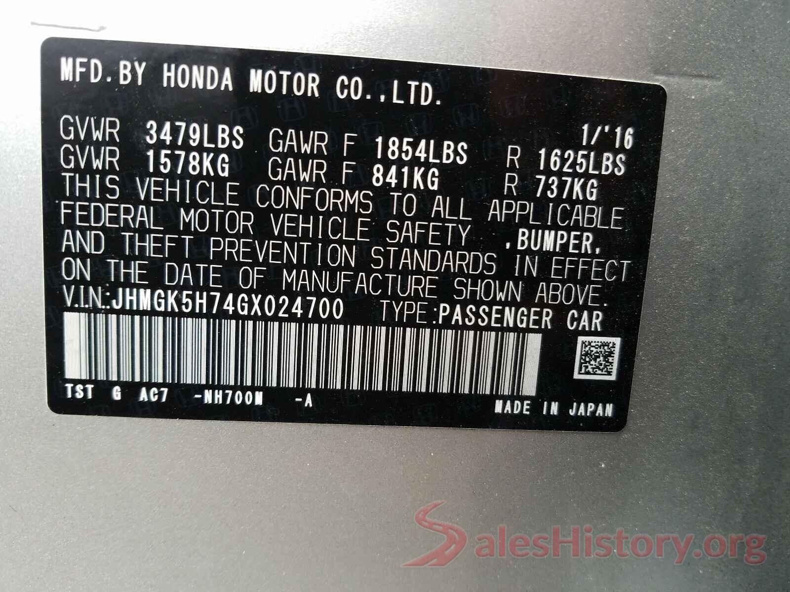 JHMGK5H74GX024700 2016 HONDA FIT