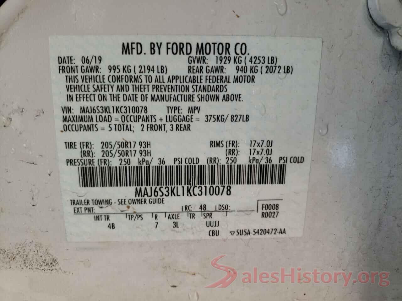 MAJ6S3KL1KC310078 2019 FORD ECOSPORT